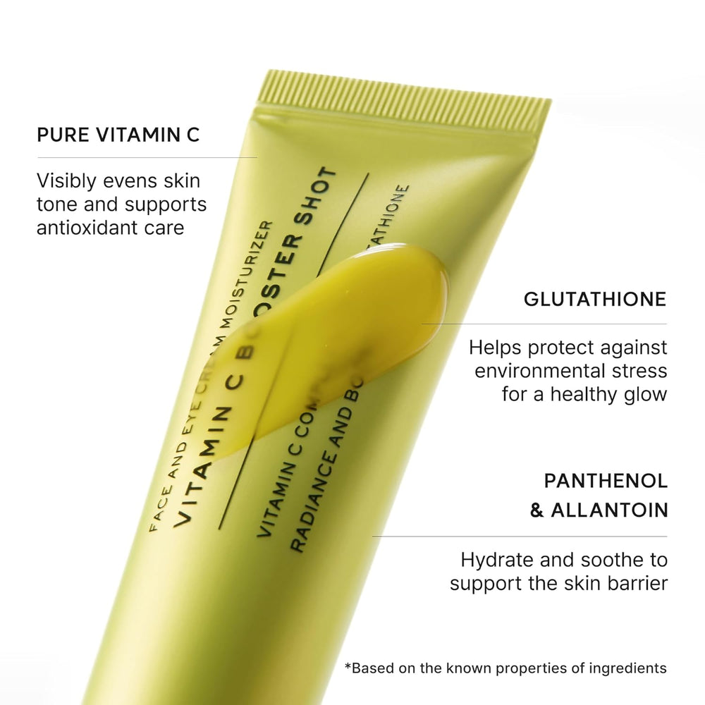 Pure vitamin C visibly evens skin tone, glutathione helps protect against environmental stress, panthenol and allantoin hydrate and soothe the skin barrier